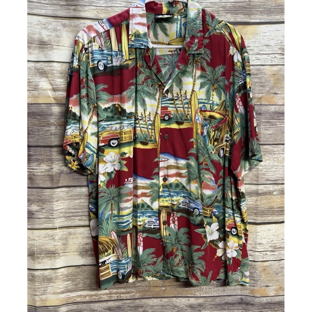 Paradise Bay Hawaiian Shirt Mens XL Red Floral Vintage Rayon USA Button Up